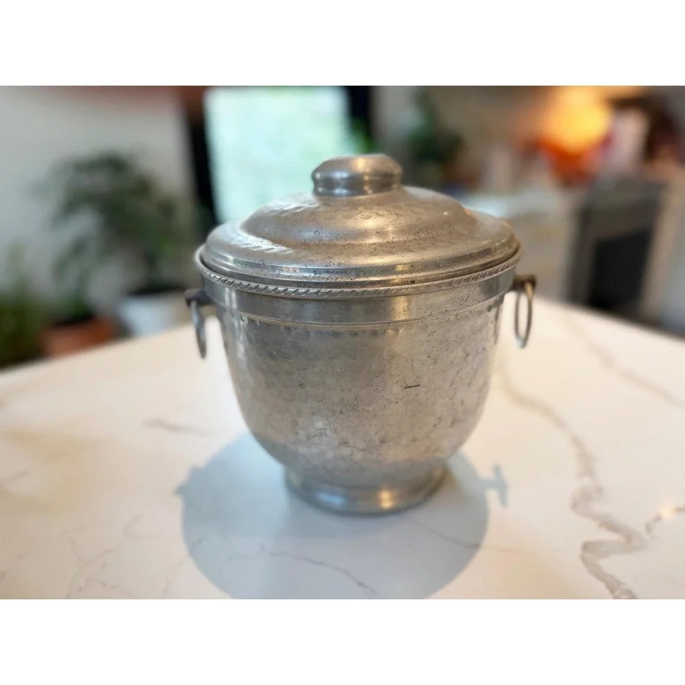 Vintage Hammered Aluminum Ice Bucket‎ with Lid and Handles Mid Century Modern